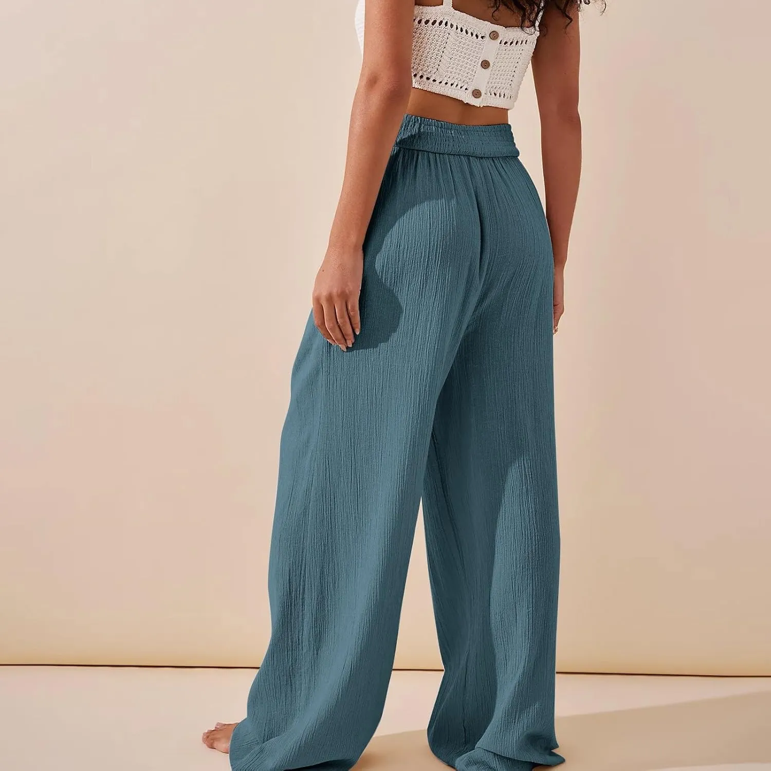 Women Linen Pants Crossover Wide Leg Pants Dressy Palazzo Pants Summer Boho Pants with Pocket Casual Lounge Pant