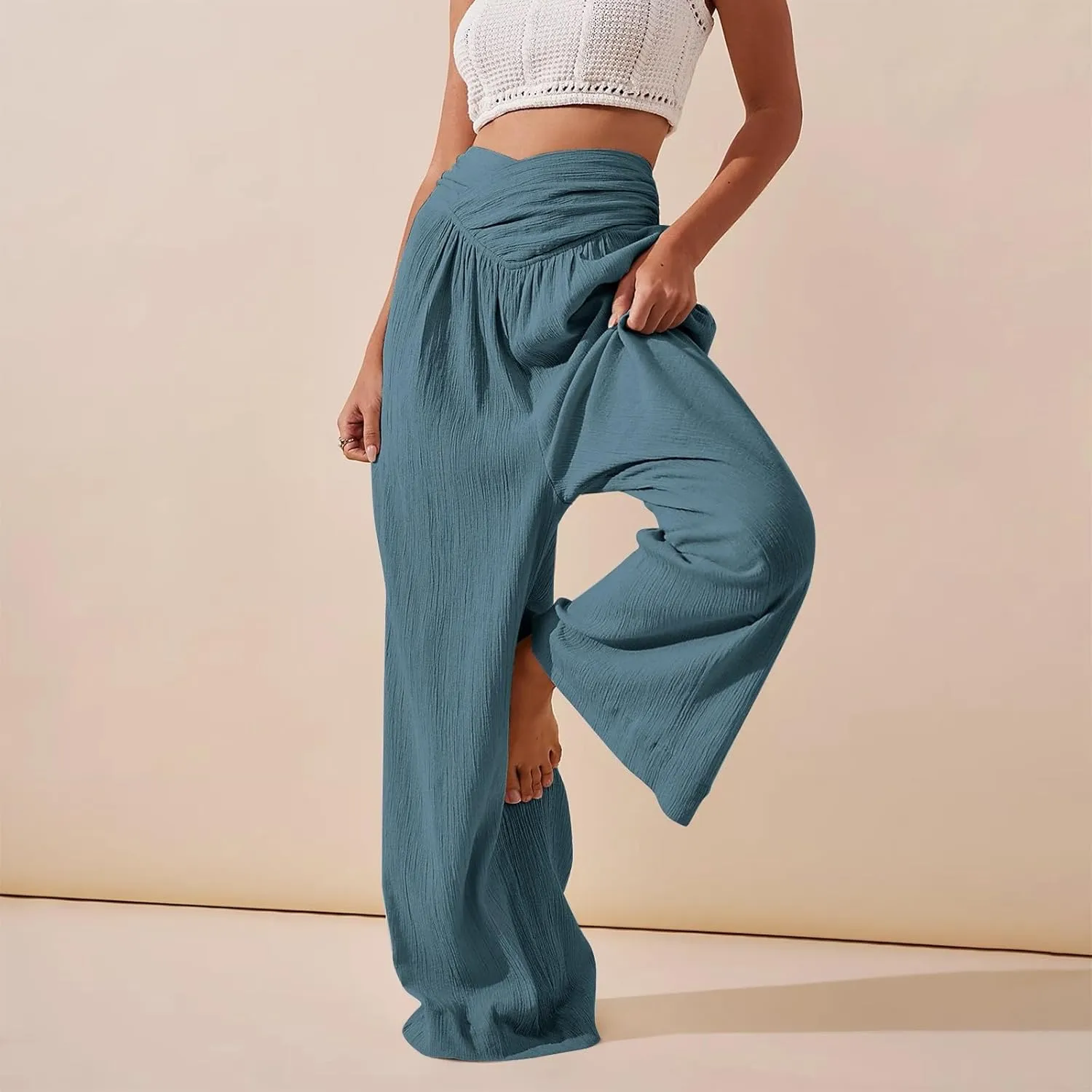 Women Linen Pants Crossover Wide Leg Pants Dressy Palazzo Pants Summer Boho Pants with Pocket Casual Lounge Pant