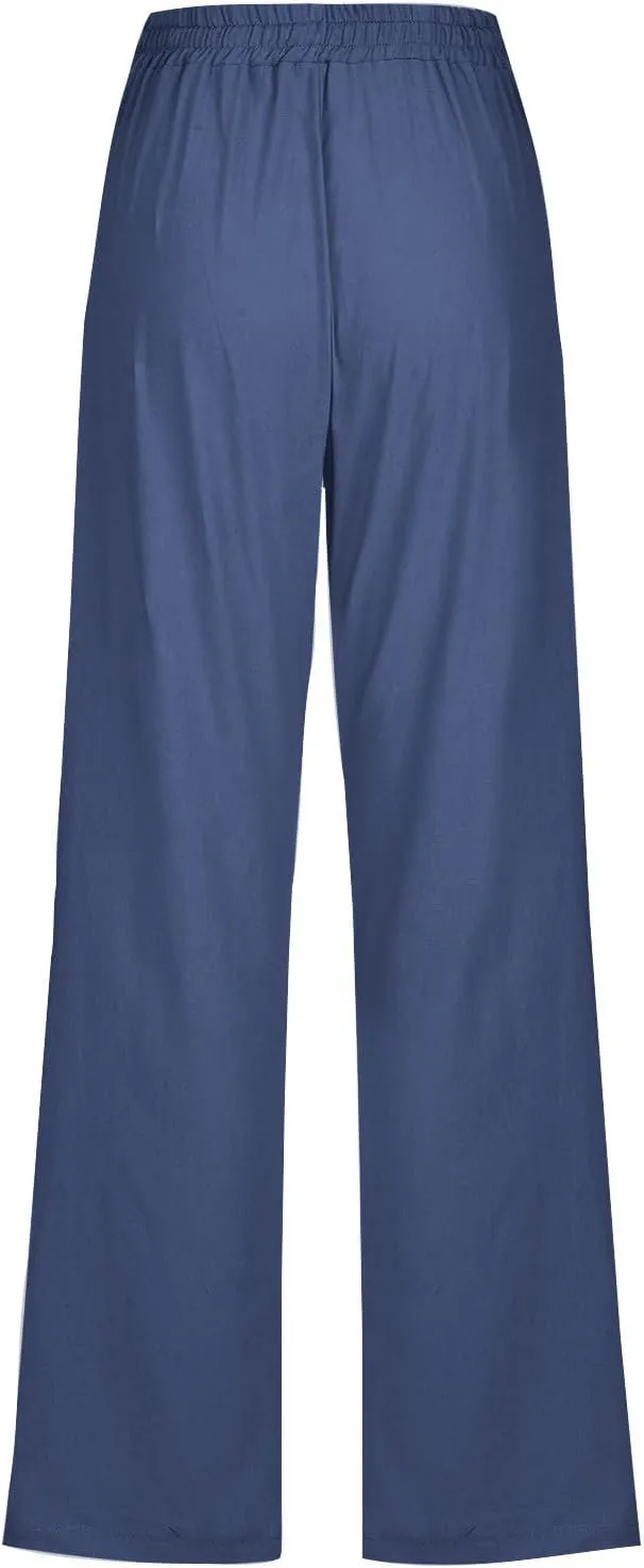 Women Linen Pants Straight Leg Palazzo Pants Summer Beach Pants Elastic Waist Drawstring Work Pants Long Trousers