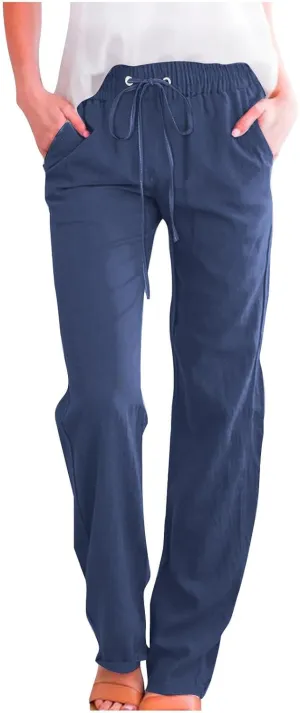 Women Linen Pants Straight Leg Palazzo Pants Summer Beach Pants Elastic Waist Drawstring Work Pants Long Trousers