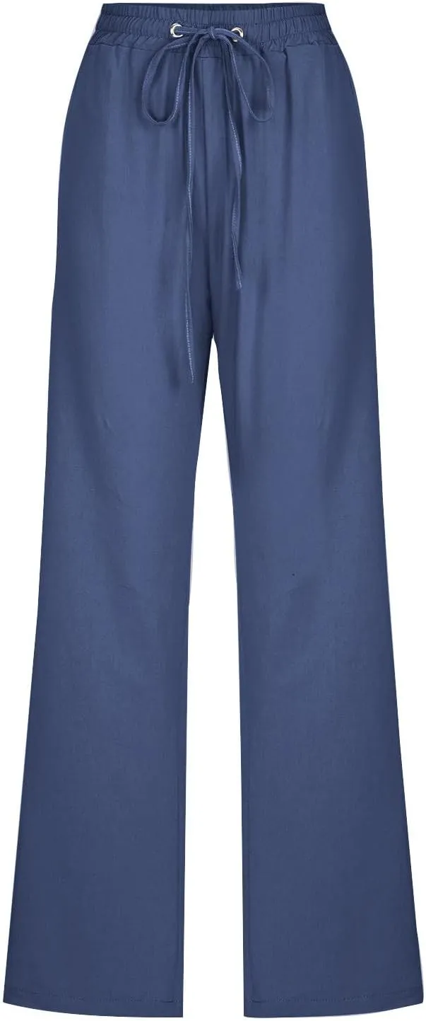 Women Linen Pants Straight Leg Palazzo Pants Summer Beach Pants Elastic Waist Drawstring Work Pants Long Trousers