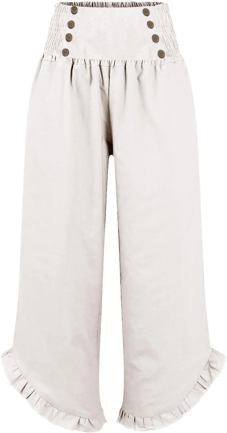 Women Linen Pants Summer Wide Leg Pants Smocked Waist Ruffle Hem Palazzo Pants Boho Flowy Beach Pants with Pocket