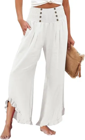 Women Linen Pants Summer Wide Leg Pants Smocked Waist Ruffle Hem Palazzo Pants Boho Flowy Beach Pants with Pocket