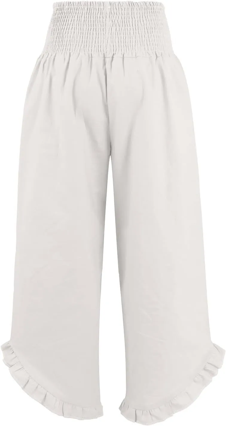 Women Linen Pants Summer Wide Leg Pants Smocked Waist Ruffle Hem Palazzo Pants Boho Flowy Beach Pants with Pocket