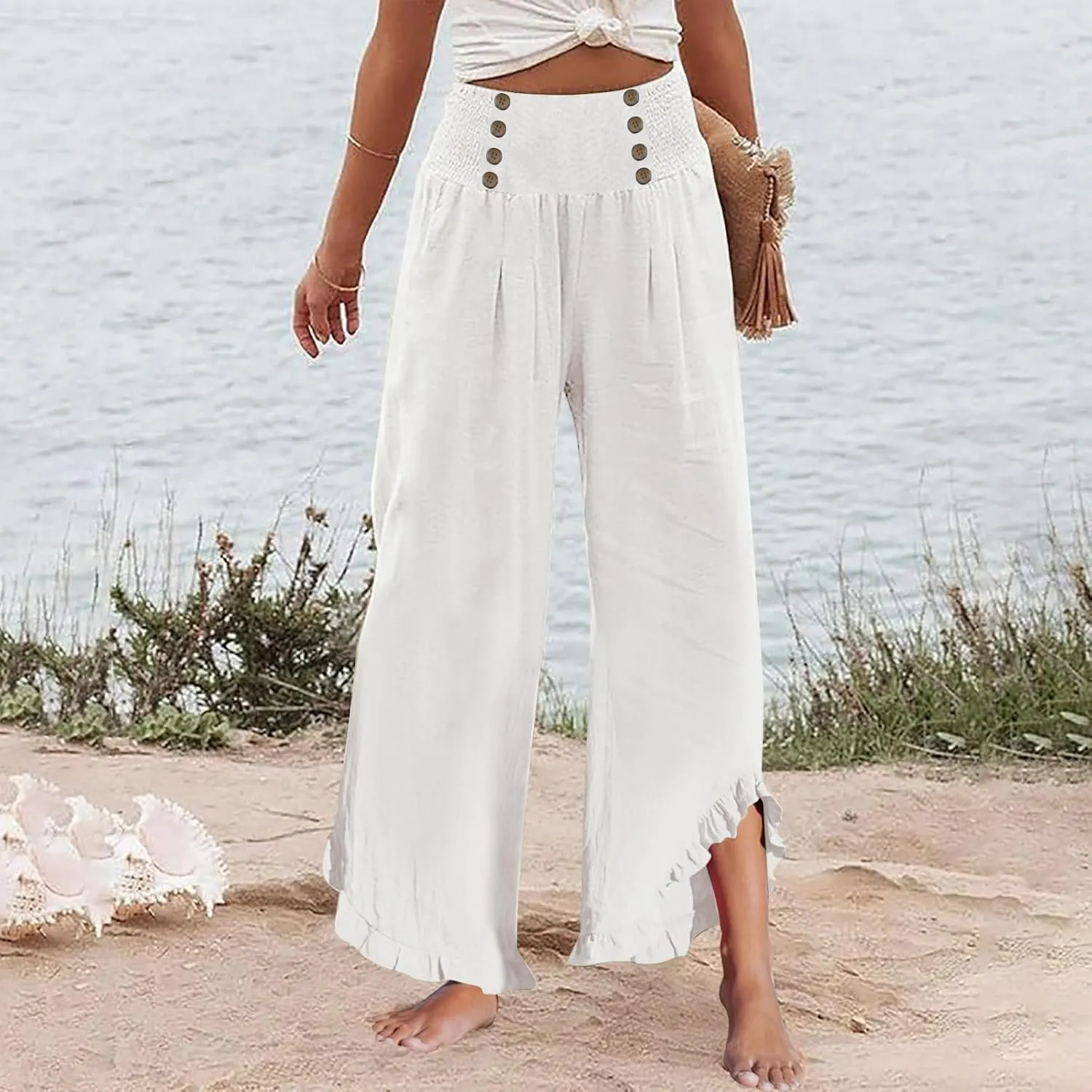 Women Linen Pants Summer Wide Leg Pants Smocked Waist Ruffle Hem Palazzo Pants Boho Flowy Beach Pants with Pocket