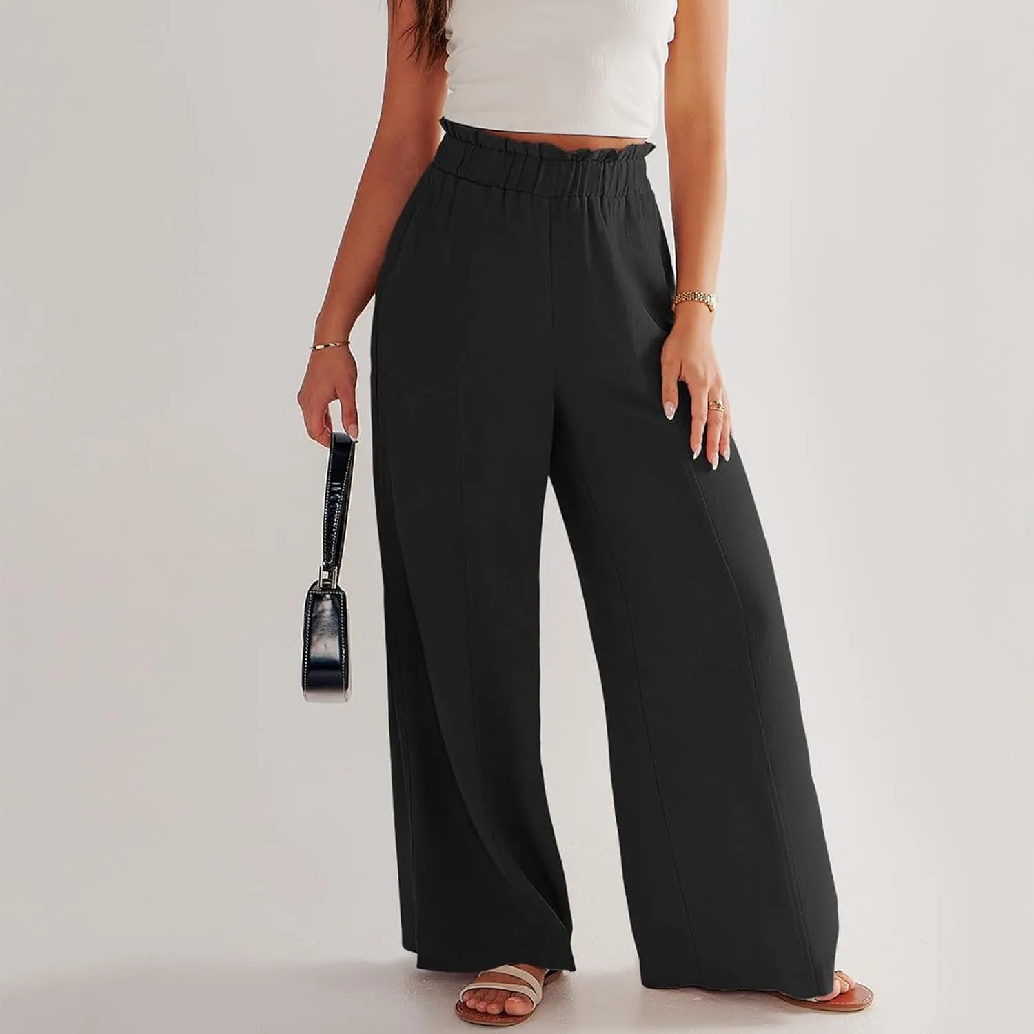 Women Linen Pants Summer Wide Leg Pants with Pockets Ruffle Palazzo Pants Flowy Boho Beach Pants Lounge Pant