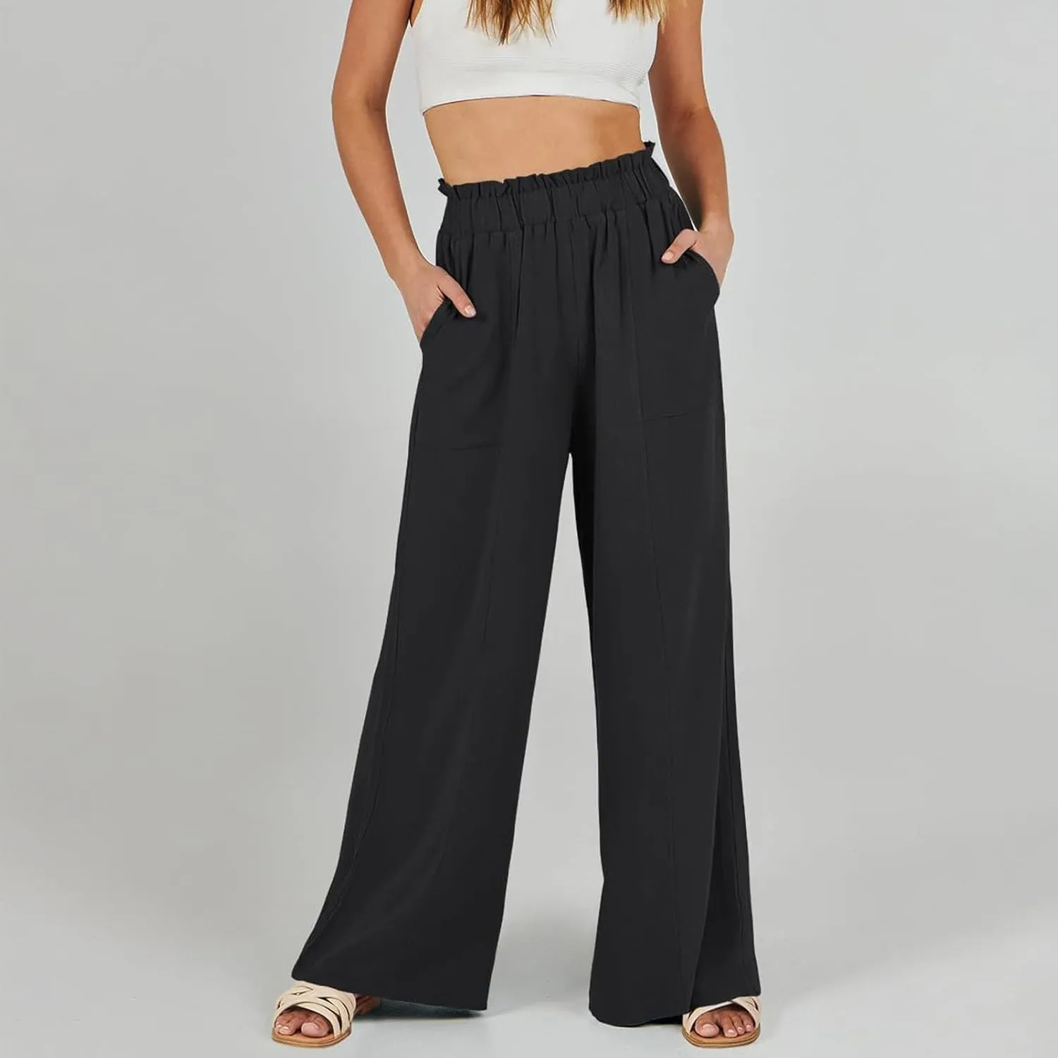 Women Linen Pants Summer Wide Leg Pants with Pockets Ruffle Palazzo Pants Flowy Boho Beach Pants Lounge Pant