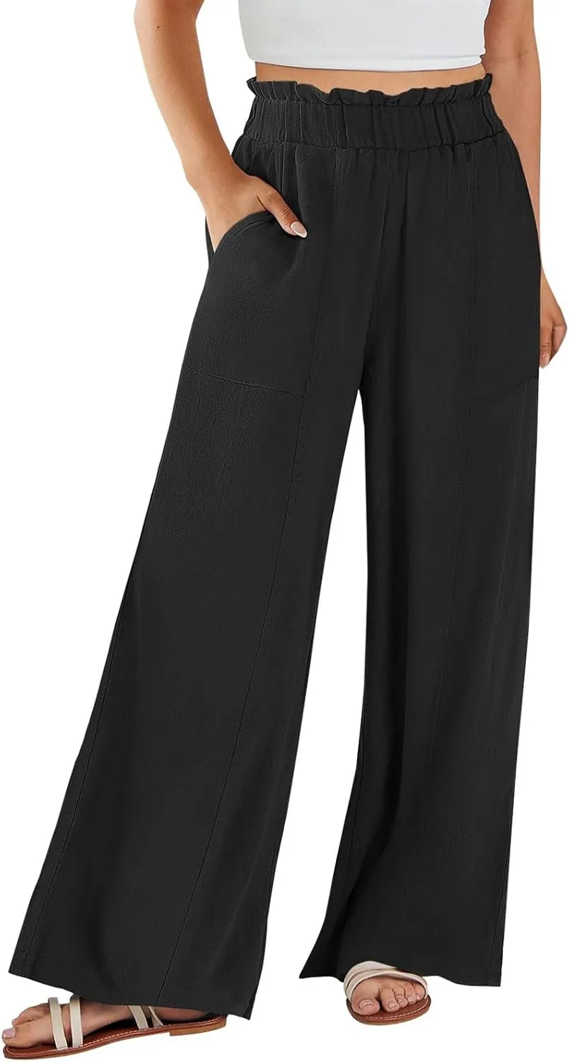 Women Linen Pants Summer Wide Leg Pants with Pockets Ruffle Palazzo Pants Flowy Boho Beach Pants Lounge Pant