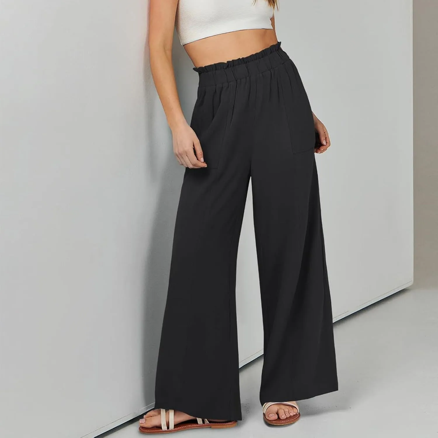Women Linen Pants Summer Wide Leg Pants with Pockets Ruffle Palazzo Pants Flowy Boho Beach Pants Lounge Pant