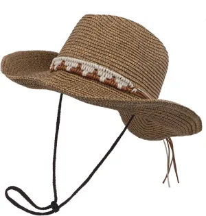 Women Men Cowboy Hat Stylish Curved Wide Brim Sun Protection Knitted Straw Hat with Adjustable Chin Strap Summer Beach Travel Camping Costume Accessories Coffee