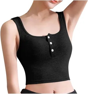 Women Ribbed Crop Tank Tops Button Square Neck Sleeveless Basic Fitted T-Shirt Summer Built in Bra Yoga Henley Vest