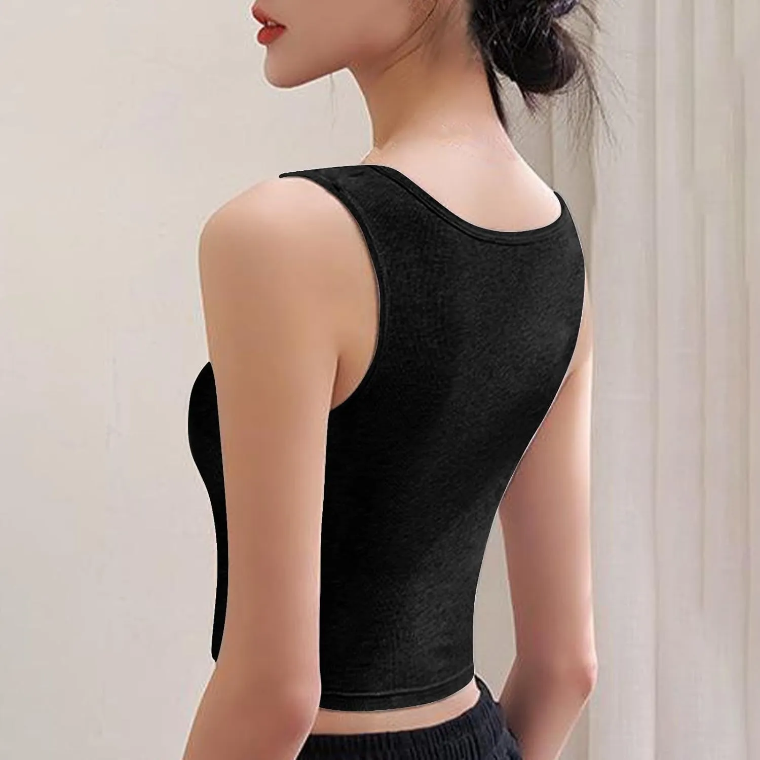 Women Ribbed Crop Tank Tops Button Square Neck Sleeveless Basic Fitted T-Shirt Summer Built in Bra Yoga Henley Vest