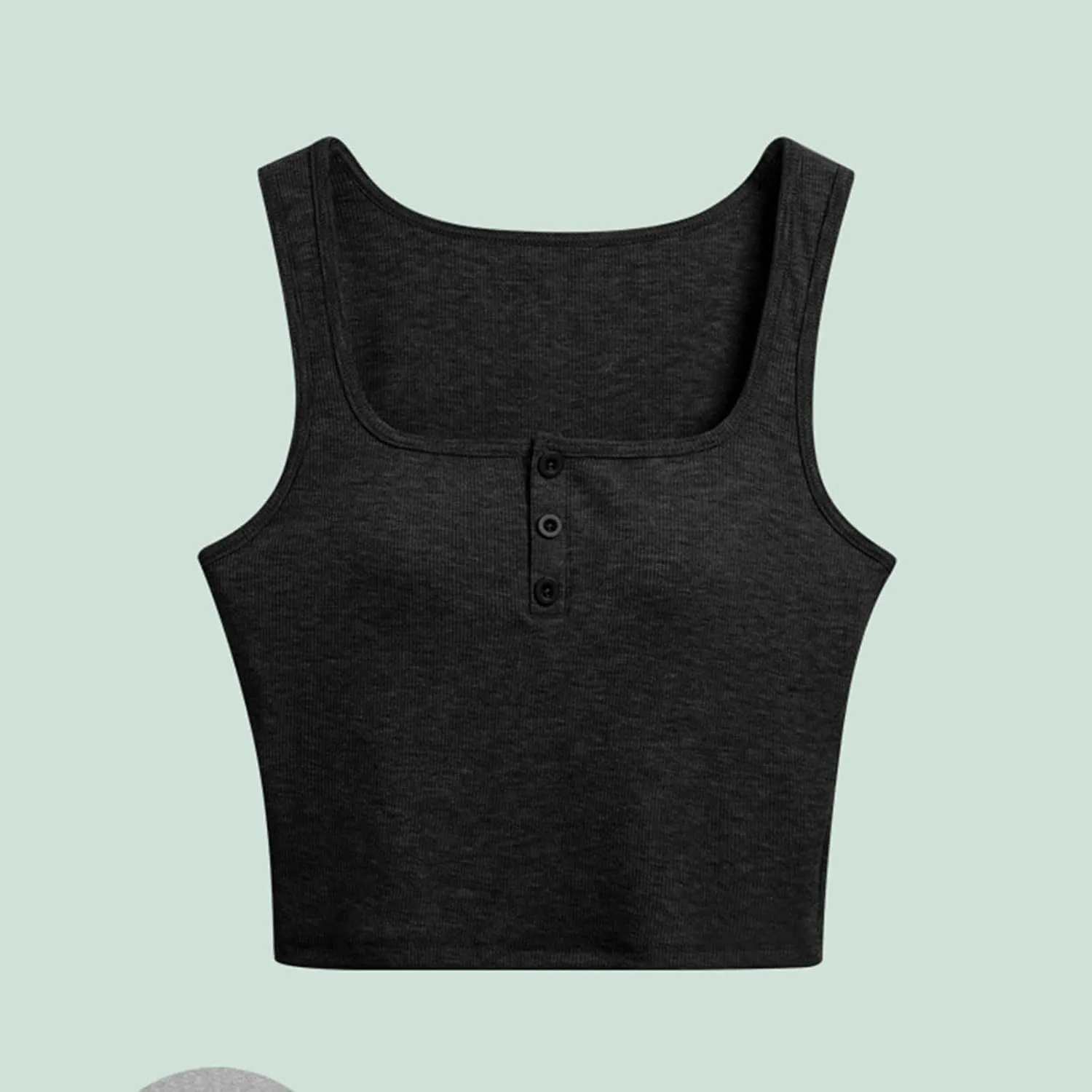 Women Ribbed Crop Tank Tops Button Square Neck Sleeveless Basic Fitted T-Shirt Summer Built in Bra Yoga Henley Vest