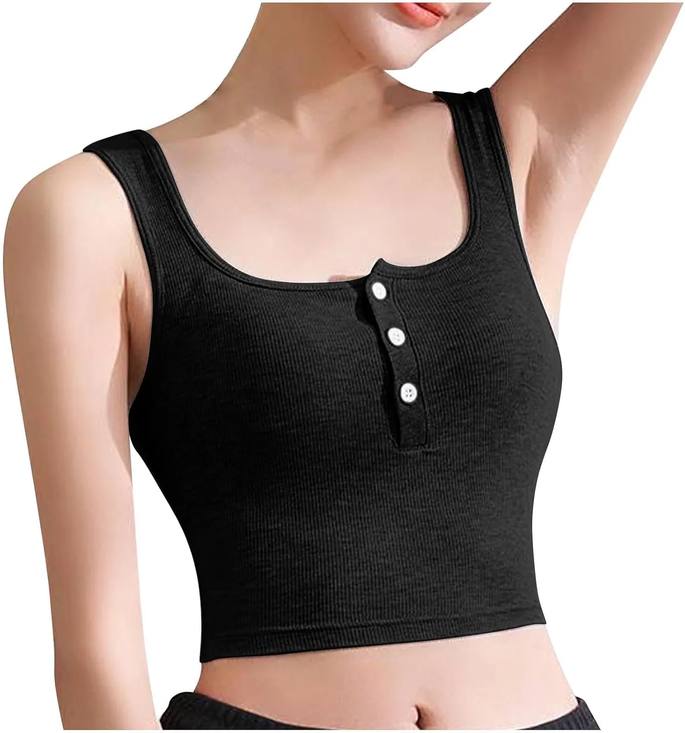 Women Ribbed Crop Tank Tops Button Square Neck Sleeveless Basic Fitted T-Shirt Summer Built in Bra Yoga Henley Vest