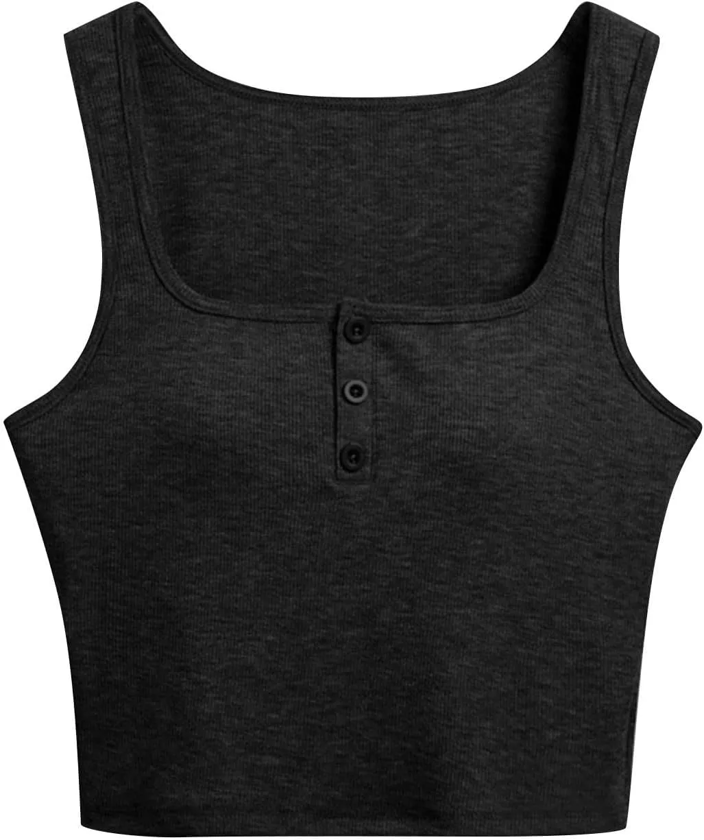 Women Ribbed Crop Tank Tops Button Square Neck Sleeveless Basic Fitted T-Shirt Summer Built in Bra Yoga Henley Vest