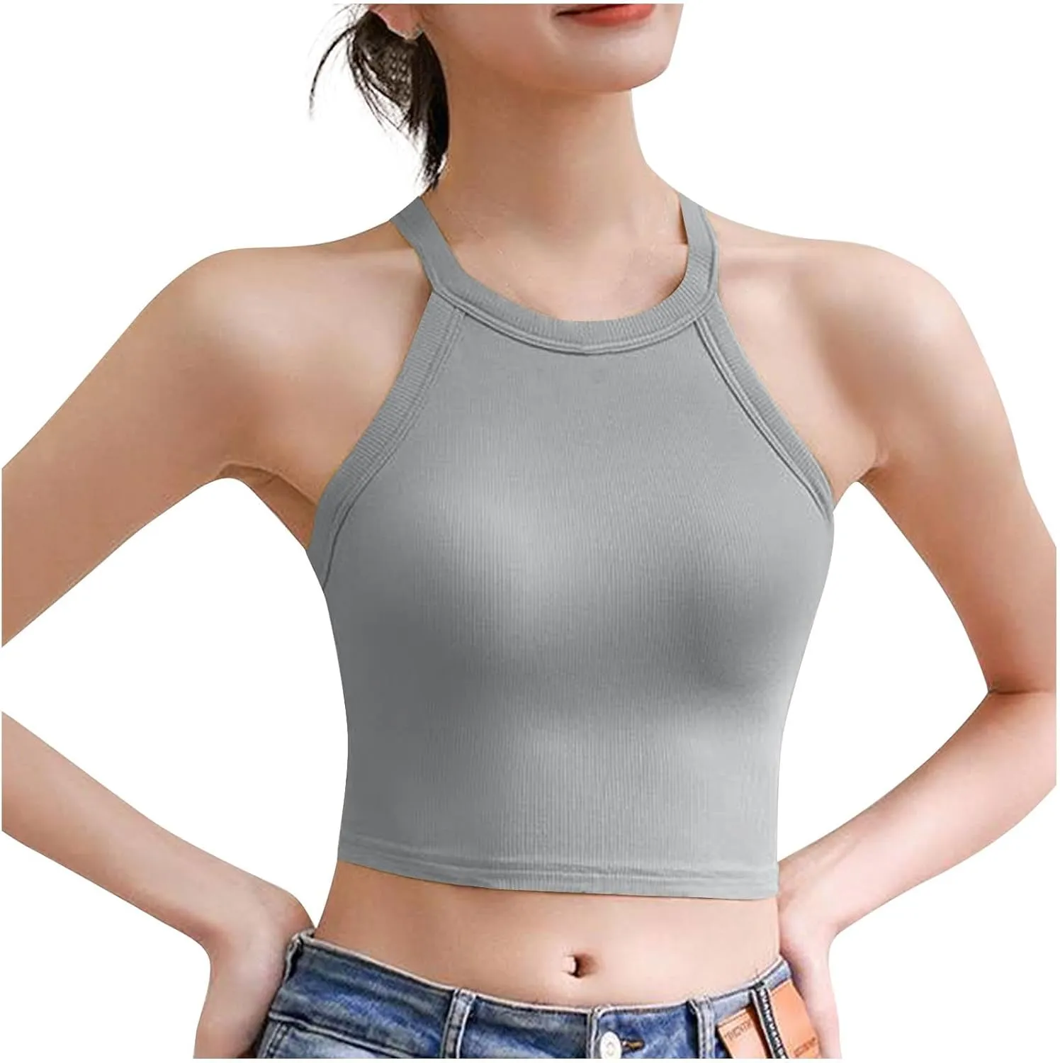 Women Ribbed Halter Yoga Tank Tops Summer Built in Bra Slim Fit Crop Camisole Casual Comfy Workout Sleeveless Shirts