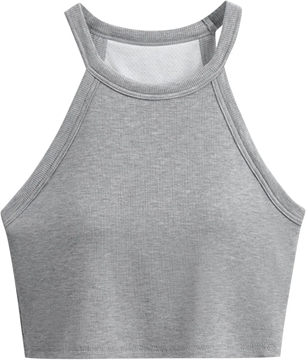 Women Ribbed Halter Yoga Tank Tops Summer Built in Bra Slim Fit Crop Camisole Casual Comfy Workout Sleeveless Shirts