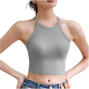 Women Ribbed Halter Yoga Tank Tops Summer Built in Bra Slim Fit Crop Camisole Casual Comfy Workout Sleeveless Shirts