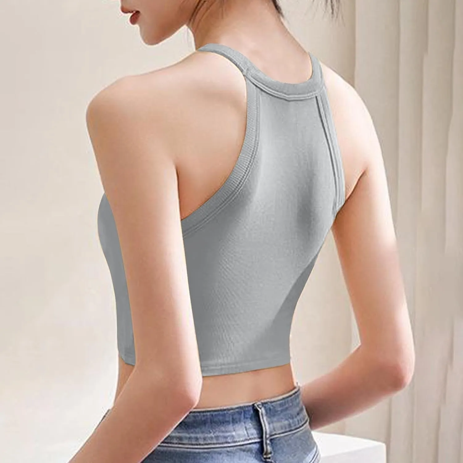 Women Ribbed Halter Yoga Tank Tops Summer Built in Bra Slim Fit Crop Camisole Casual Comfy Workout Sleeveless Shirts
