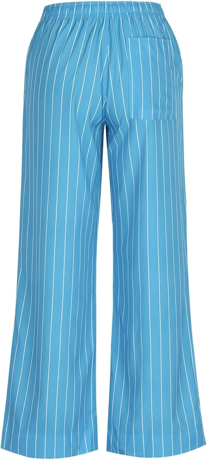 Women Straight Leg Striped Pants High Waisted Casual Pants Pul On Trousers Loose Lounge Pants Work Pants with Pockets