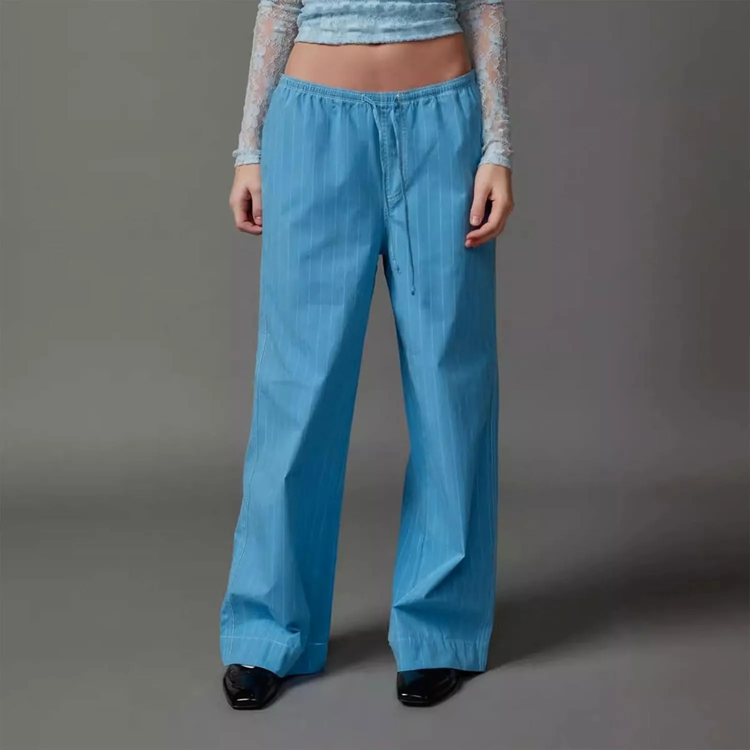 Women Straight Leg Striped Pants High Waisted Casual Pants Pul On Trousers Loose Lounge Pants Work Pants with Pockets