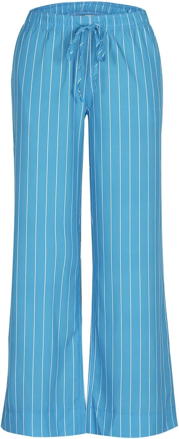 Women Straight Leg Striped Pants High Waisted Casual Pants Pul On Trousers Loose Lounge Pants Work Pants with Pockets