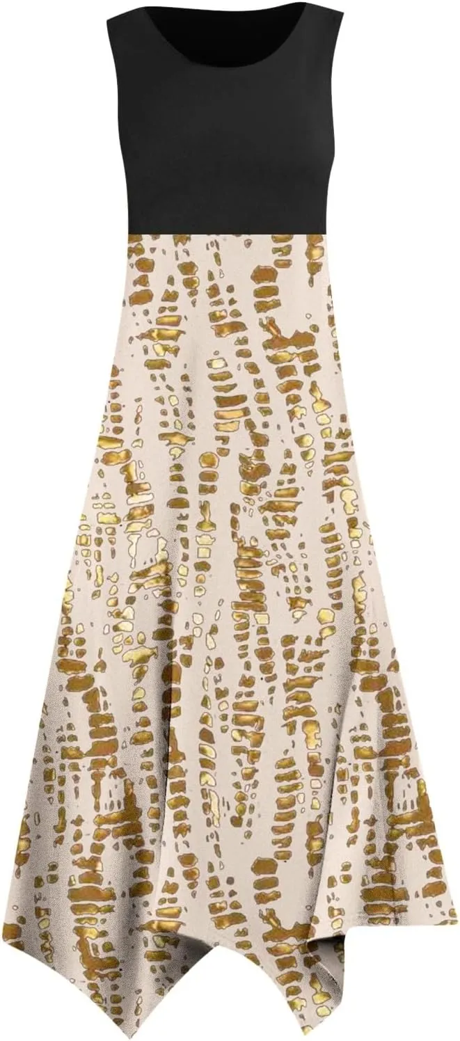 Women Summer Dresses Boho Floral Print Sleeveless Beach Vacation Sundress Patchwork Swing A Line Wrap Dress