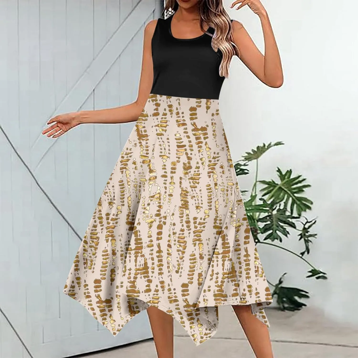 Women Summer Dresses Boho Floral Print Sleeveless Beach Vacation Sundress Patchwork Swing A Line Wrap Dress