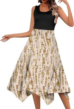 Women Summer Dresses Boho Floral Print Sleeveless Beach Vacation Sundress Patchwork Swing A Line Wrap Dress