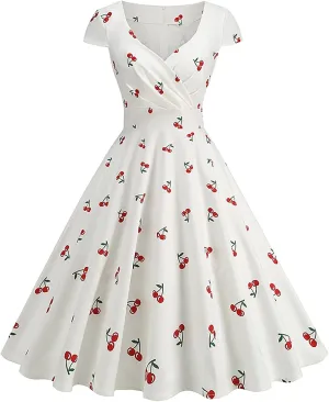Womens 1950s Vintage Dress Cute Cherry Print V Neck Cap Sleeve Cocktail Party A-Line Summer Swing Dress