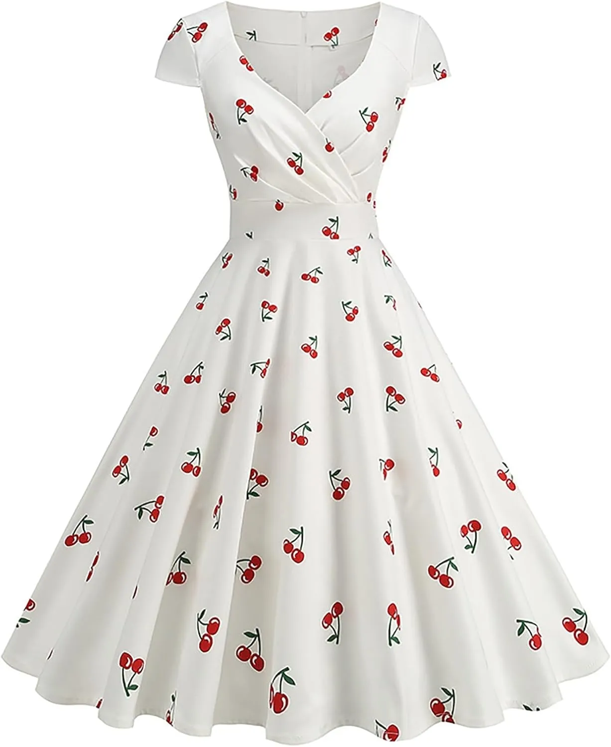 Womens 1950s Vintage Dress Cute Cherry Print V Neck Cap Sleeve Cocktail Party A-Line Summer Swing Dress