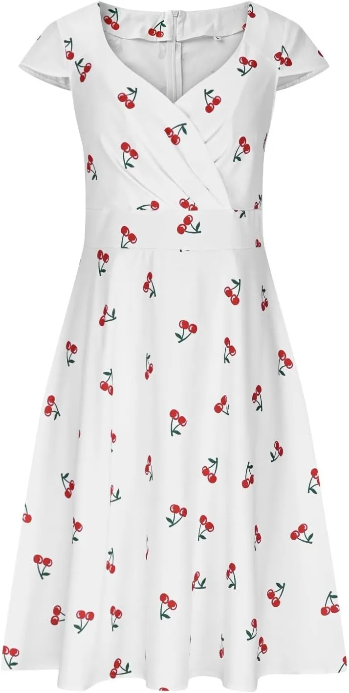 Womens 1950s Vintage Dress Cute Cherry Print V Neck Cap Sleeve Cocktail Party A-Line Summer Swing Dress