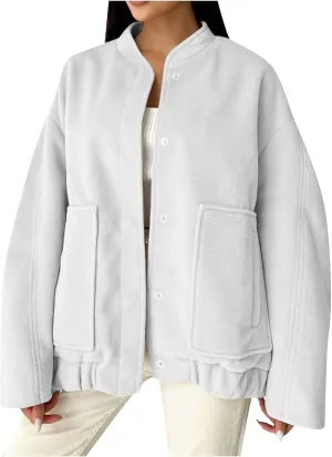 Women's 2023 Fall Oversized Long Sleeve Stand Collar Jackets Classic Button Down Wool Blend Solid Coats with Pockets