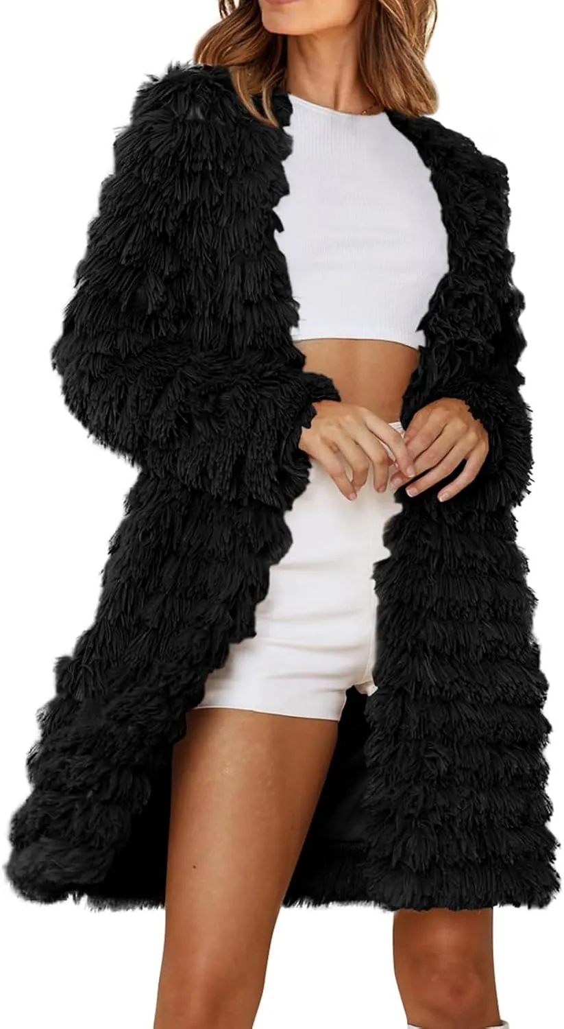 Women's 2023 Winter Faux Fur Jackets Fall Fashion Mid Long Open Front Cardigan Coats Shaggy Warm Outerwear Overcoat