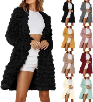 Women's 2023 Winter Faux Fur Jackets Fall Fashion Mid Long Open Front Cardigan Coats Shaggy Warm Outerwear Overcoat