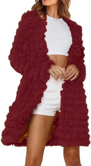 Women's 2023 Winter Faux Fur Jackets Fall Fashion Mid Long Open Front Cardigan Coats Shaggy Warm Outerwear Overcoat
