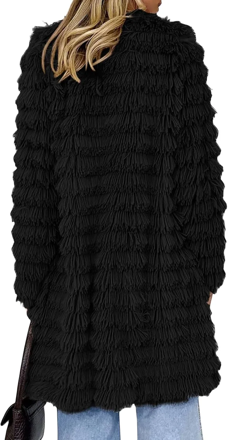 Women's 2023 Winter Faux Fur Jackets Fall Fashion Mid Long Open Front Cardigan Coats Shaggy Warm Outerwear Overcoat