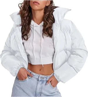 Women's 2024 Winter Long Sleeve Zip Cropped Short Puffer Jacket Parkas Pockets Baggy Down Coats Warm Quilted Jacket