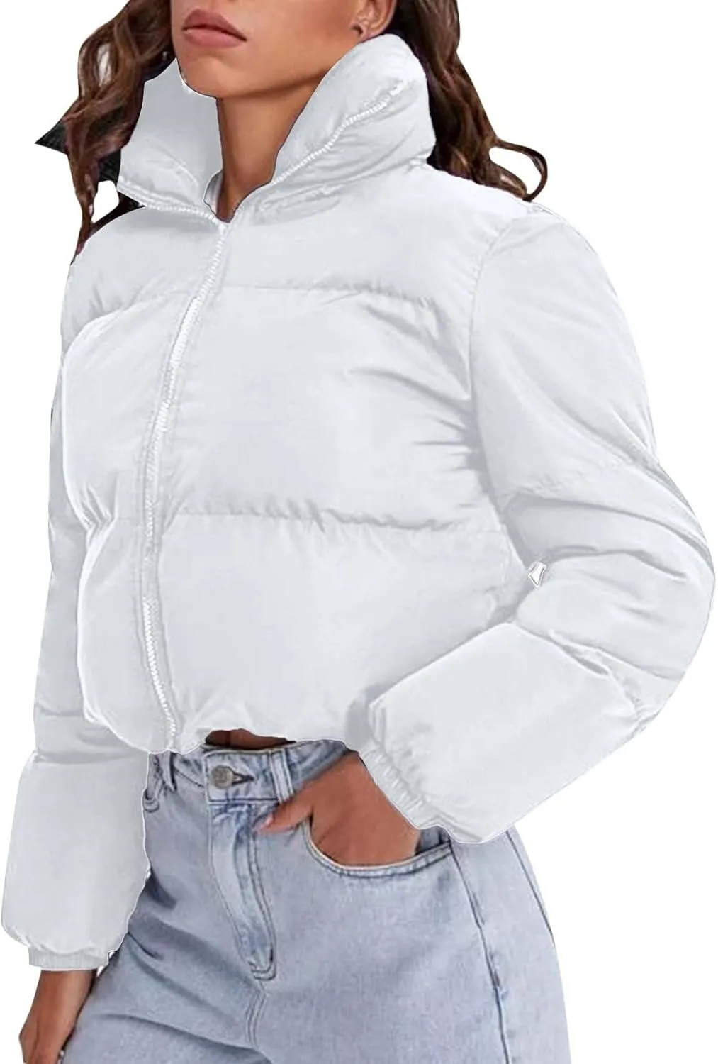Women's 2024 Winter Long Sleeve Zip Cropped Short Puffer Jacket Parkas Pockets Baggy Down Coats Warm Quilted Jacket