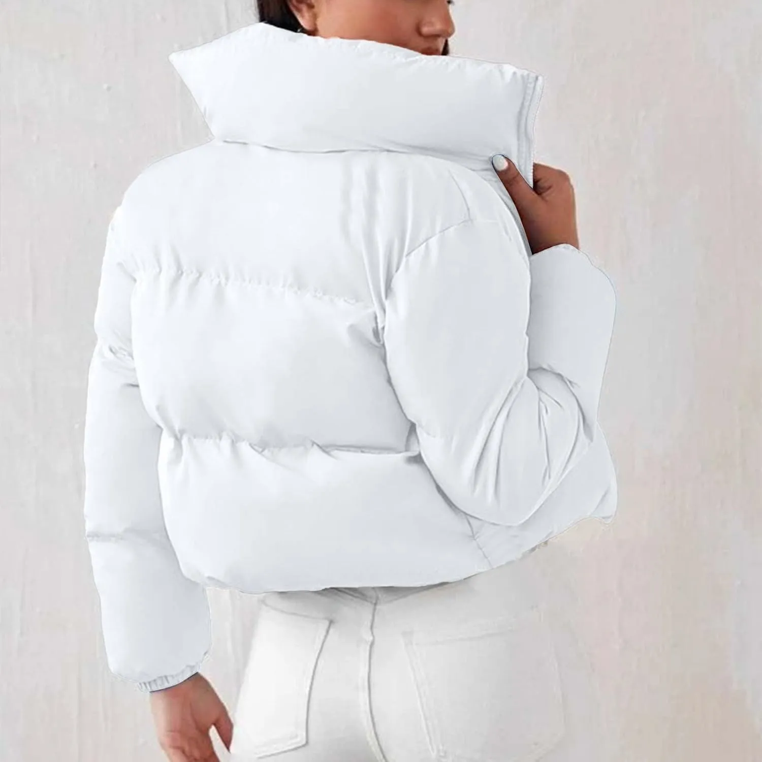 Women's 2024 Winter Long Sleeve Zip Cropped Short Puffer Jacket Parkas Pockets Baggy Down Coats Warm Quilted Jacket