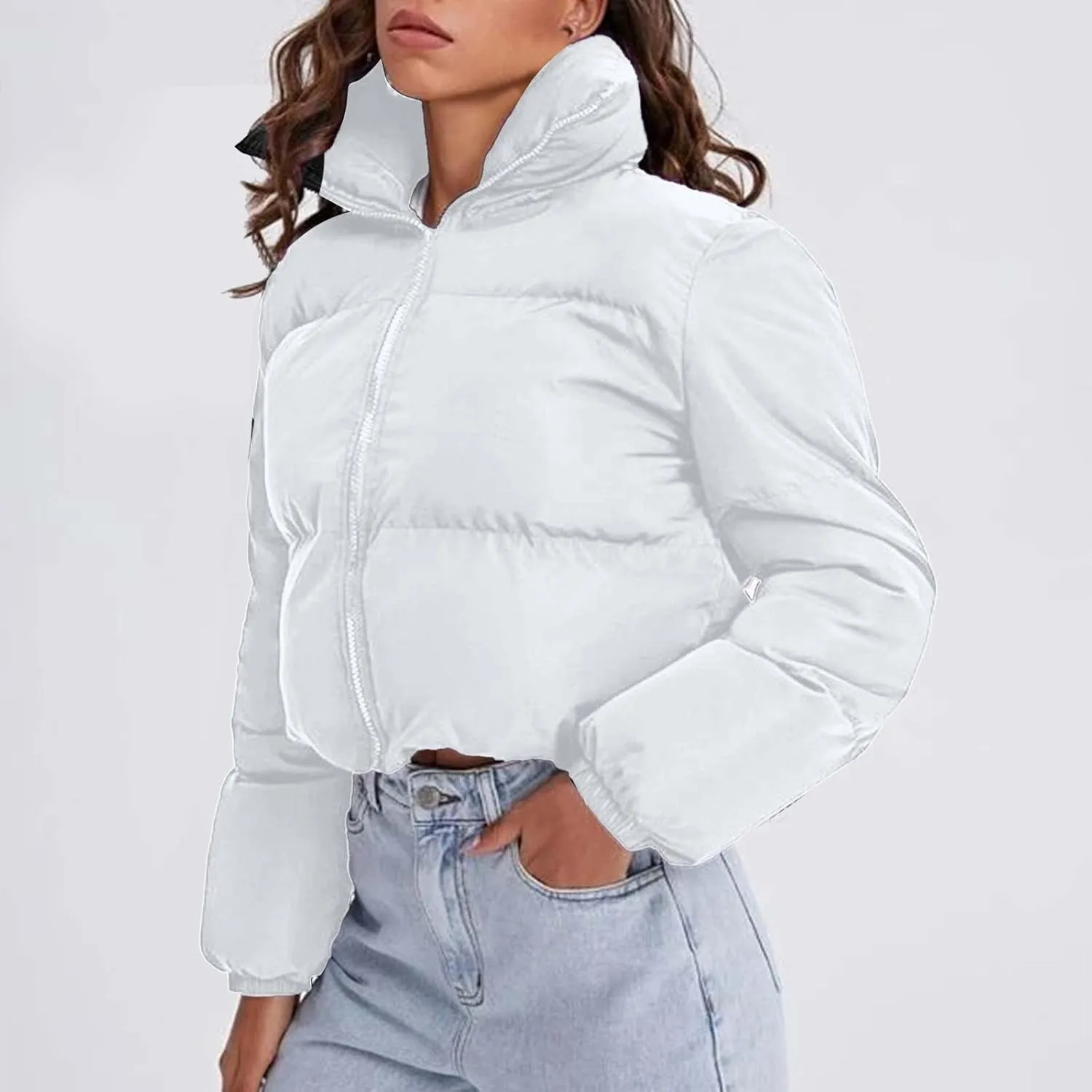 Women's 2024 Winter Long Sleeve Zip Cropped Short Puffer Jacket Parkas Pockets Baggy Down Coats Warm Quilted Jacket