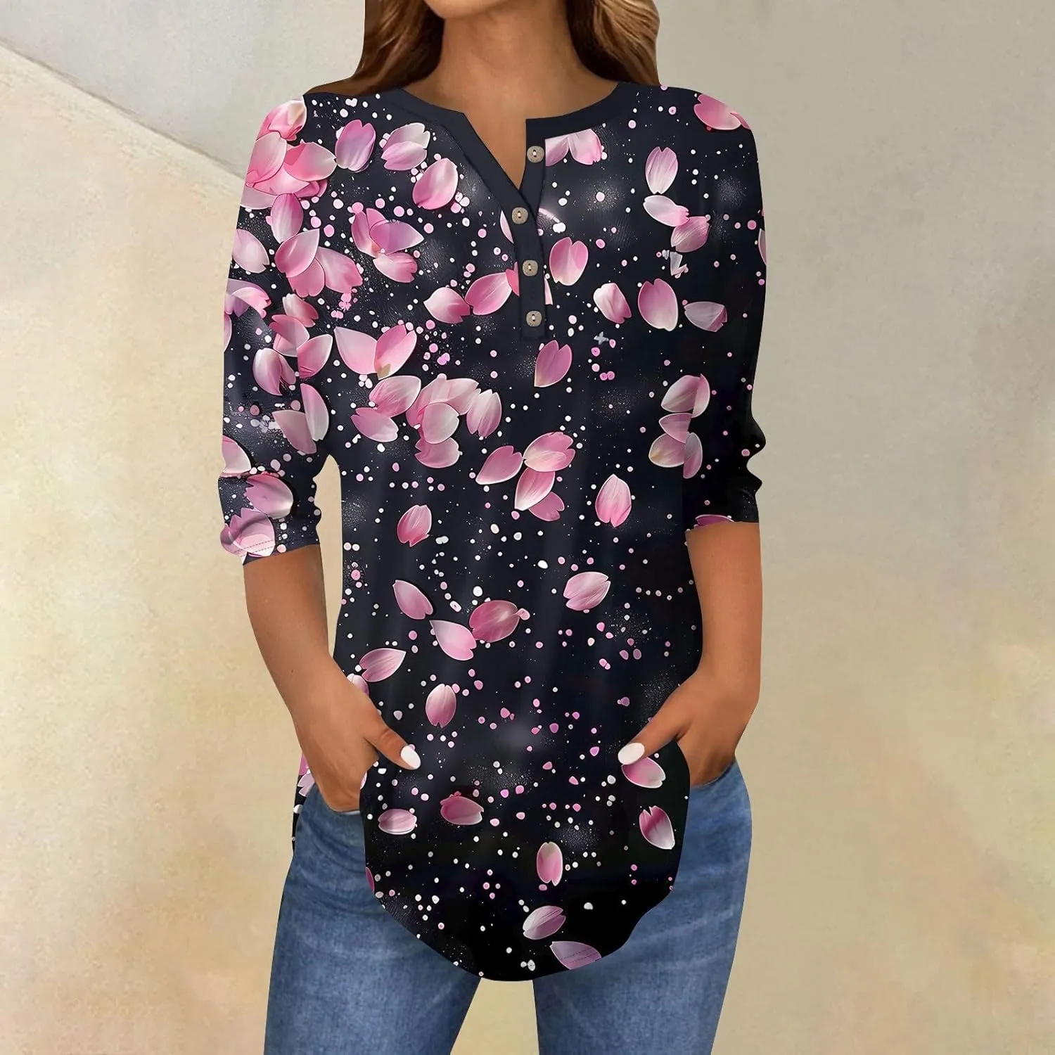 Womens 3/4 Sleeve T Shirts Comfort,Womens Summer Tops Vacation Womens Tops Summer 3/4 Sleeve Casual Floral Print Tunics