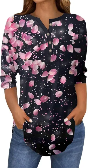 Womens 3/4 Sleeve T Shirts Comfort,Womens Summer Tops Vacation Womens Tops Summer 3/4 Sleeve Casual Floral Print Tunics