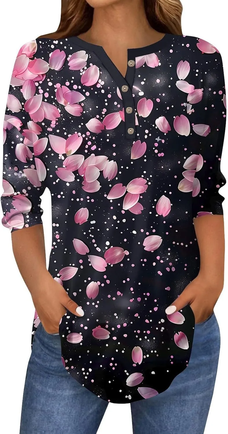 Womens 3/4 Sleeve T Shirts Comfort,Womens Summer Tops Vacation Womens Tops Summer 3/4 Sleeve Casual Floral Print Tunics