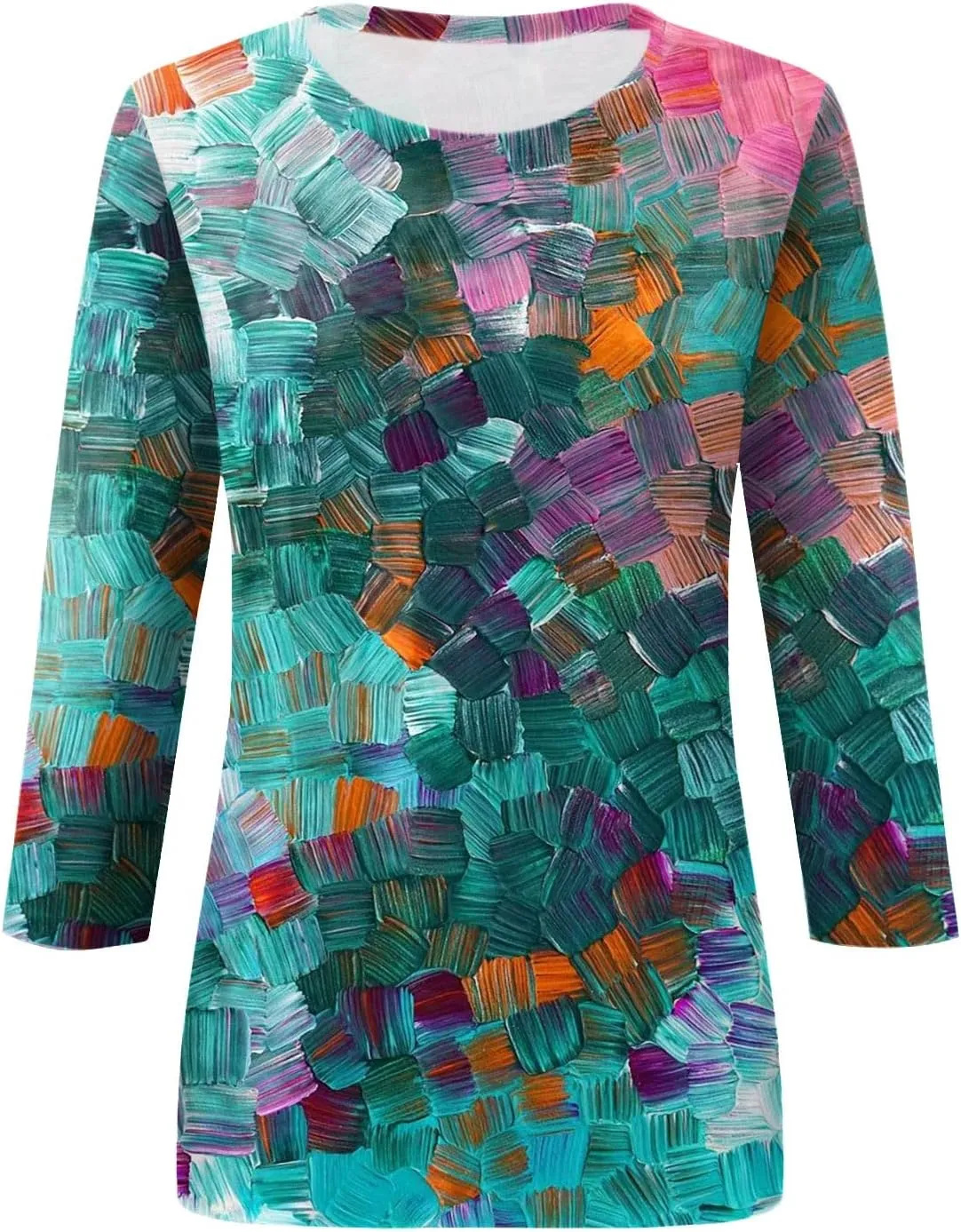Womens 3/4 Sleeve Tops 2025 Spring Print Round Neck Shirts Loose Fit Three Quarter Sleeve Tshirts