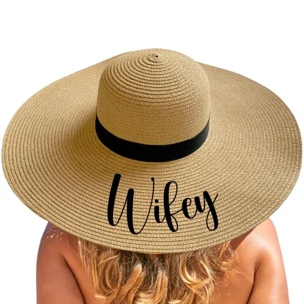 Women's Beach Hat | Wifey Hat | Wide Brimmed Sun Hats | Bride Hat | Honeymoon Essentials | Vacation Essentials | Adjustable Band—Perfect for Bride Accessories! (Natural/Tan) (Wifey)