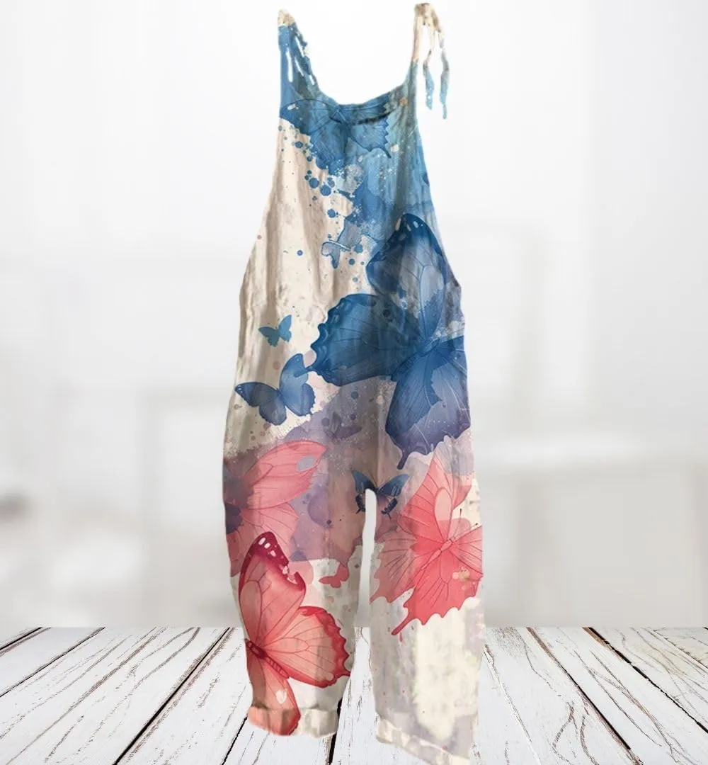 Womens Boho Overalls Sleeveless Spaghetti Strap Cute Floral Printed Jumpsuits Wide Leg Bib Romper with Pockets