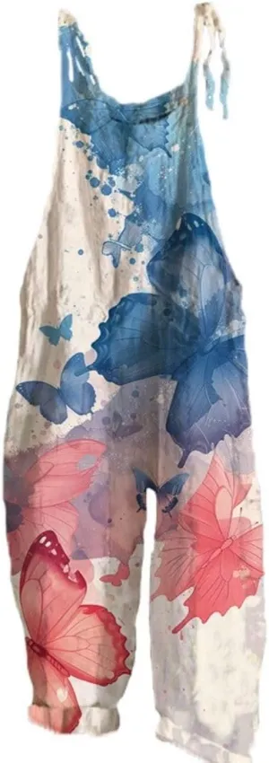 Womens Boho Overalls Sleeveless Spaghetti Strap Cute Floral Printed Jumpsuits Wide Leg Bib Romper with Pockets