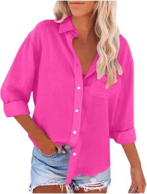 Womens Button Down Shirts Summer Long Sleeve Rolled Cotton Linen Tees Casual V Neck Collared Dressy Tops with Pocket