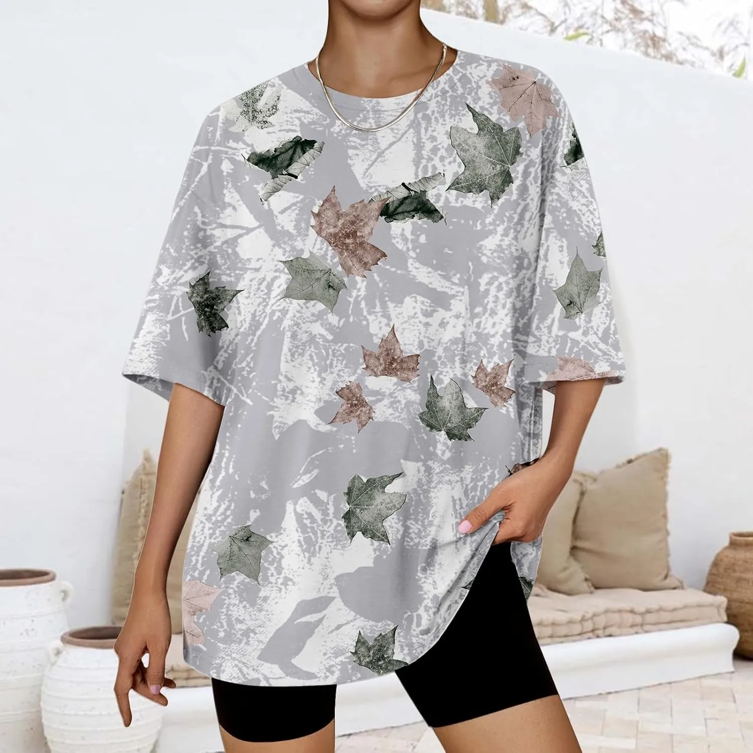 Womens Camo T-Shirt Maple Leaf Print Oversized Summer Tops Casual Loose Short Sleeve Crewneck Camouflage Shirts
